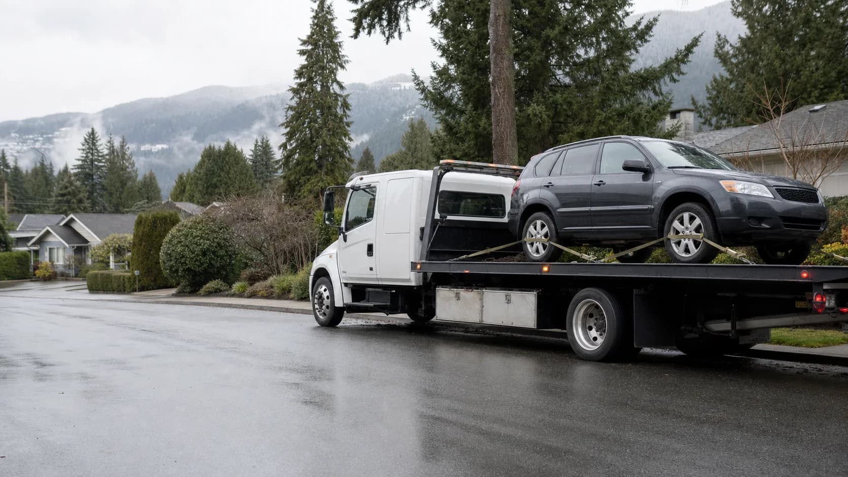 Flatbed tow truck collecting a used SUV in a Metro Vancouver neighbourhood